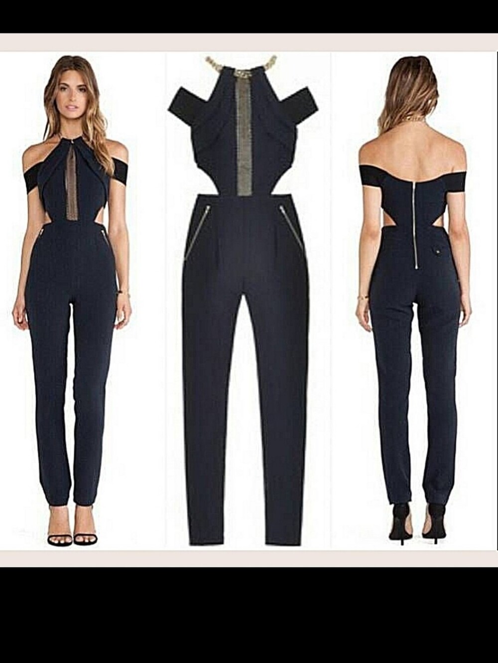 Self-Portrait Navy Chain-Accent Cutout Jumpsuit - Picture 9 of 10